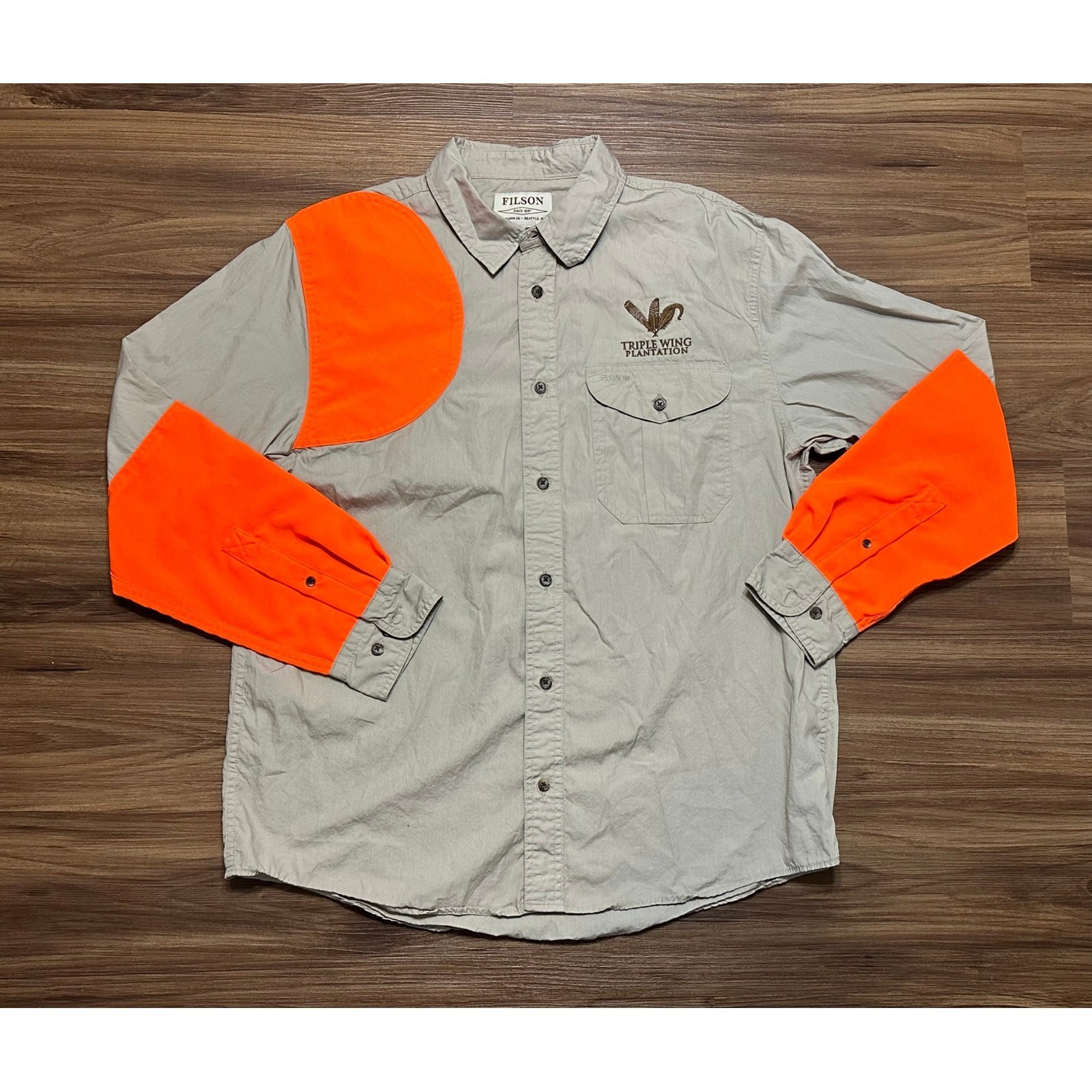 Filson Mens Lightweight Shooting Hunting Shirt Blaze Orange Tan W/ Logo Sz L